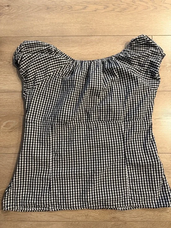 H&M Black & White Gingham Puff-Sleeve Peasant Blouse - Picture 5 of 5